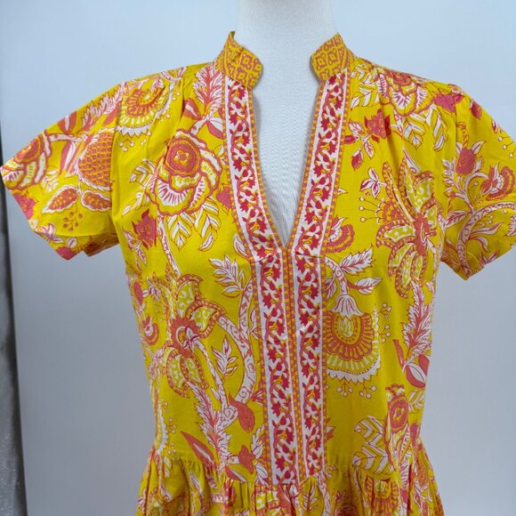 La Plage S Yellow Coral Floral Block Print Dress Short Sleeve, 100% Cotton - Picture 11 of 12
